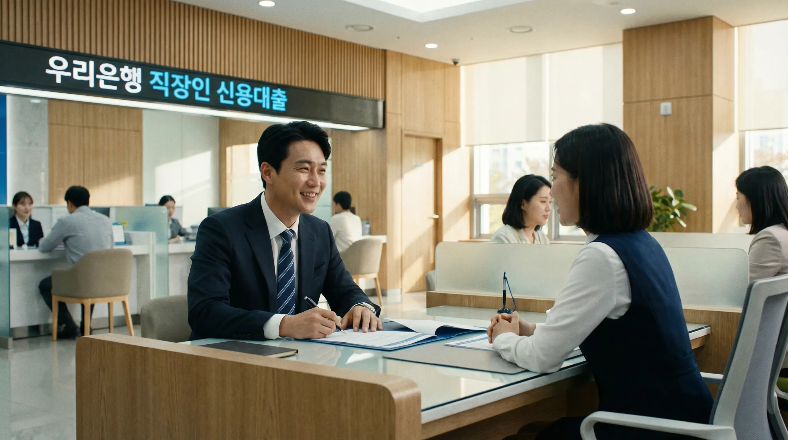 은행 창구에서 직장인 대출 상담을 받고 만족스러운 표정으로 서류에 서명하는 모습