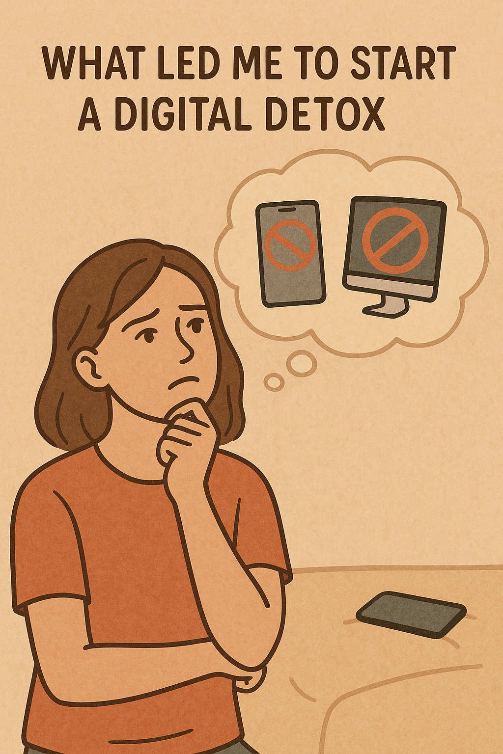 고민하는 표정의 여성이 턱에 손을 얹고 생각에 잠겨 있다. 머리 위 생각 구름에는 금지 표시가 그려진 스마트폰과 컴퓨터 그림이 들어 있다. 상단에는 "WHAT LED ME TO START A DIGITAL DETOX"라는 문구가 있다.