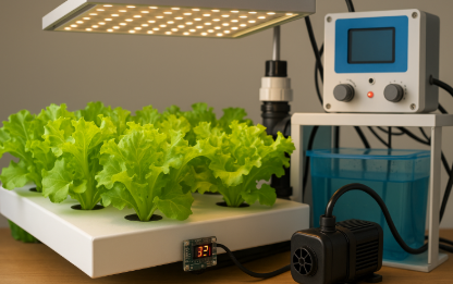 자동화된 수경재배 시스템에서 LED 조명 아래 자라는 신선한 상추