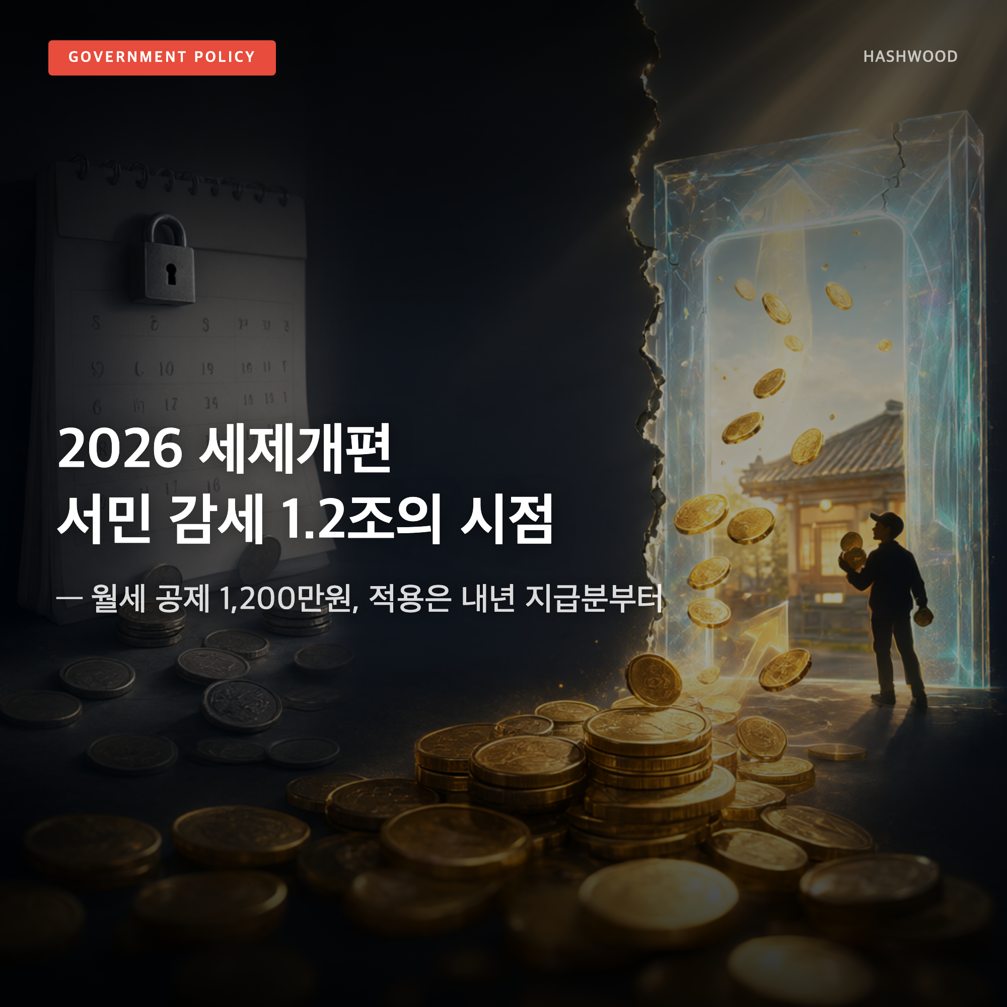 그림: 2026 세제개편 서민 감세 1.2조의 시점 — — 월세 공제 1,200만원, 적용은 내년 지급분부터