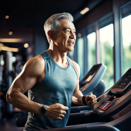 헬스장에서 운동하는 중년 남성