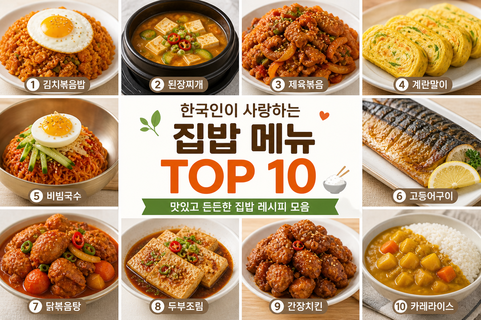김치볶음밥, 된장찌개, 제육볶음, 계란말이, 비빔국수, 고등어구이, 닭볶음탕, 두부조림, 간장치킨, 카레라이스