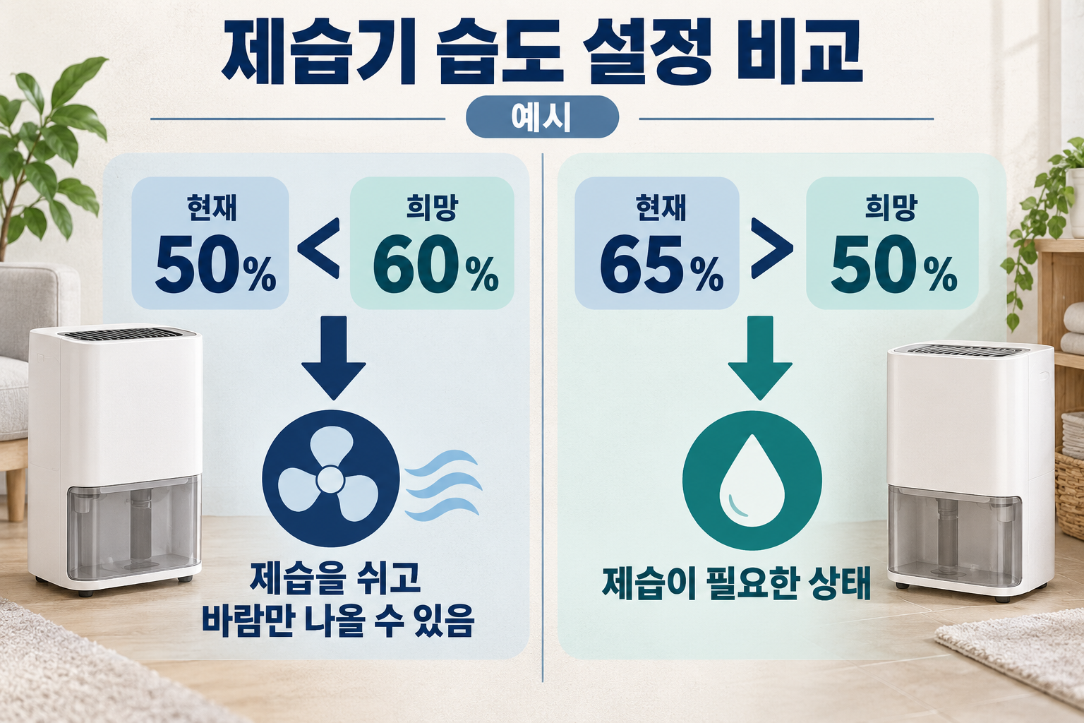 현재 습도와 희망 습도의 차이에 따른 제습 작동 비교