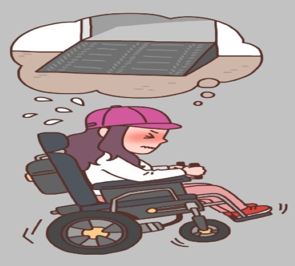 휠체어를 탄 여성이 경사로를 떠올리며 힘들어하는 모습의 삽화