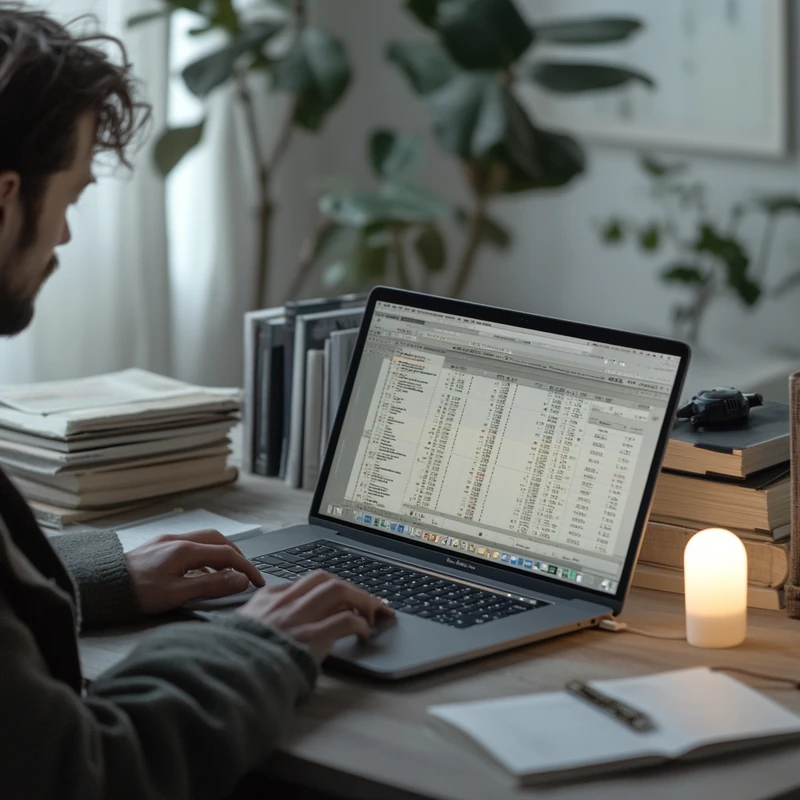 초보 투자자가 미국 월배당 ETF 차트를 분석하며 수익률과 위험을 비교하고 있습니다. 책과 메모가 있는 아늑한 홈 오피스에서 호기심 가득한 마음으로 투자 분석에 몰두합니다.