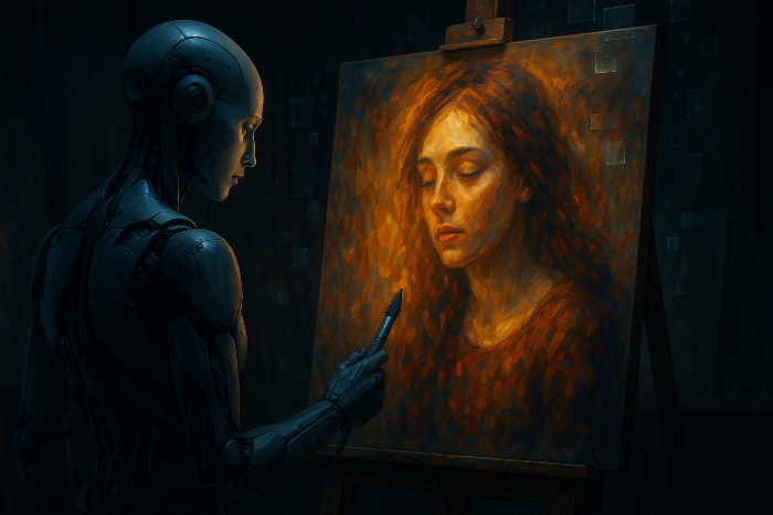 기계가 스스로 만든 예술을 바라보는 철학적 순간을 표현한 이미지