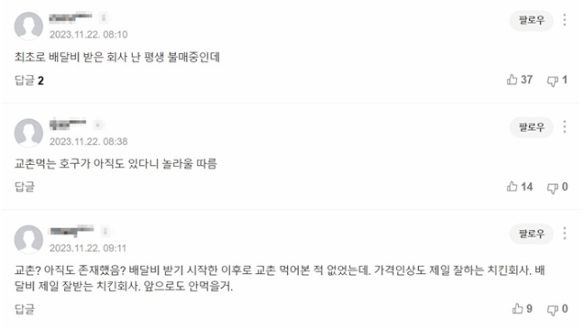 교촌치킨 기사에 달린 소비자들의 댓글