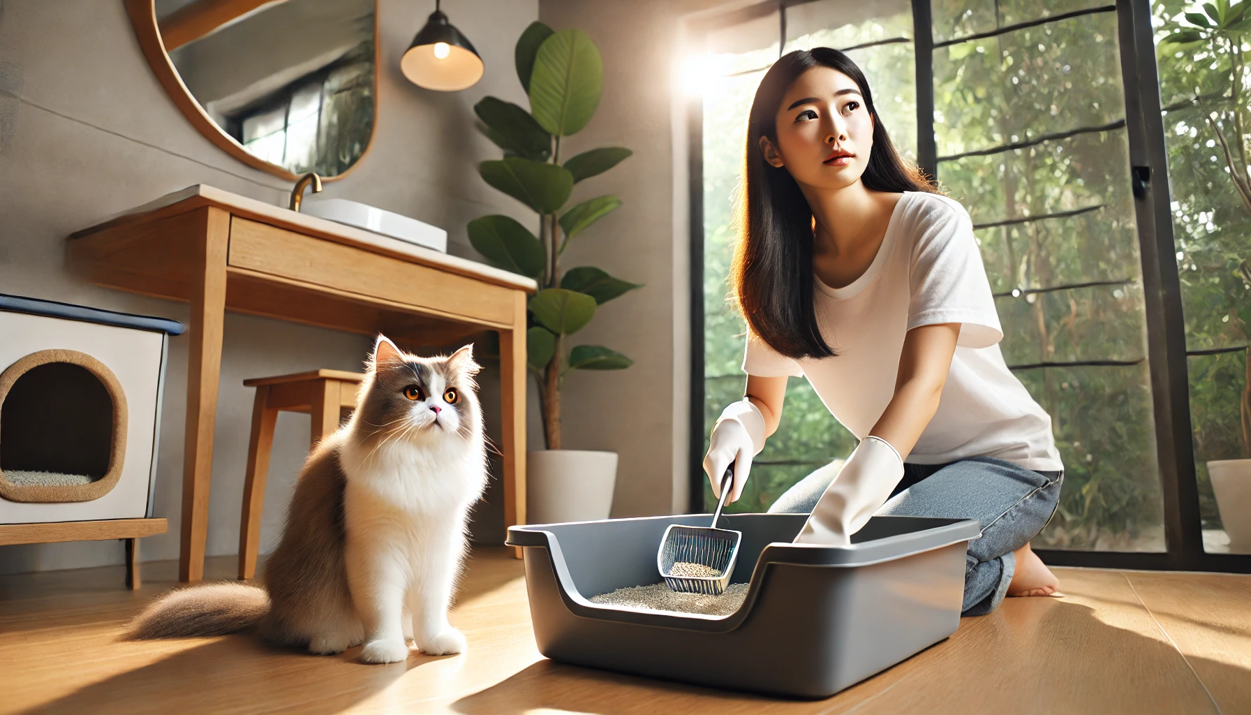 밝은 집 안에서 여성이 장갑을 끼고 고양이 화장실을 청소하는 모습. 근처에는 고양이가 편안하게 앉아 있으며, 자연광과 식물이 어우러진 깔끔하고 따뜻한 분위기의 공간. 반려묘의 청결과 건강 관리를 표현한 장면.