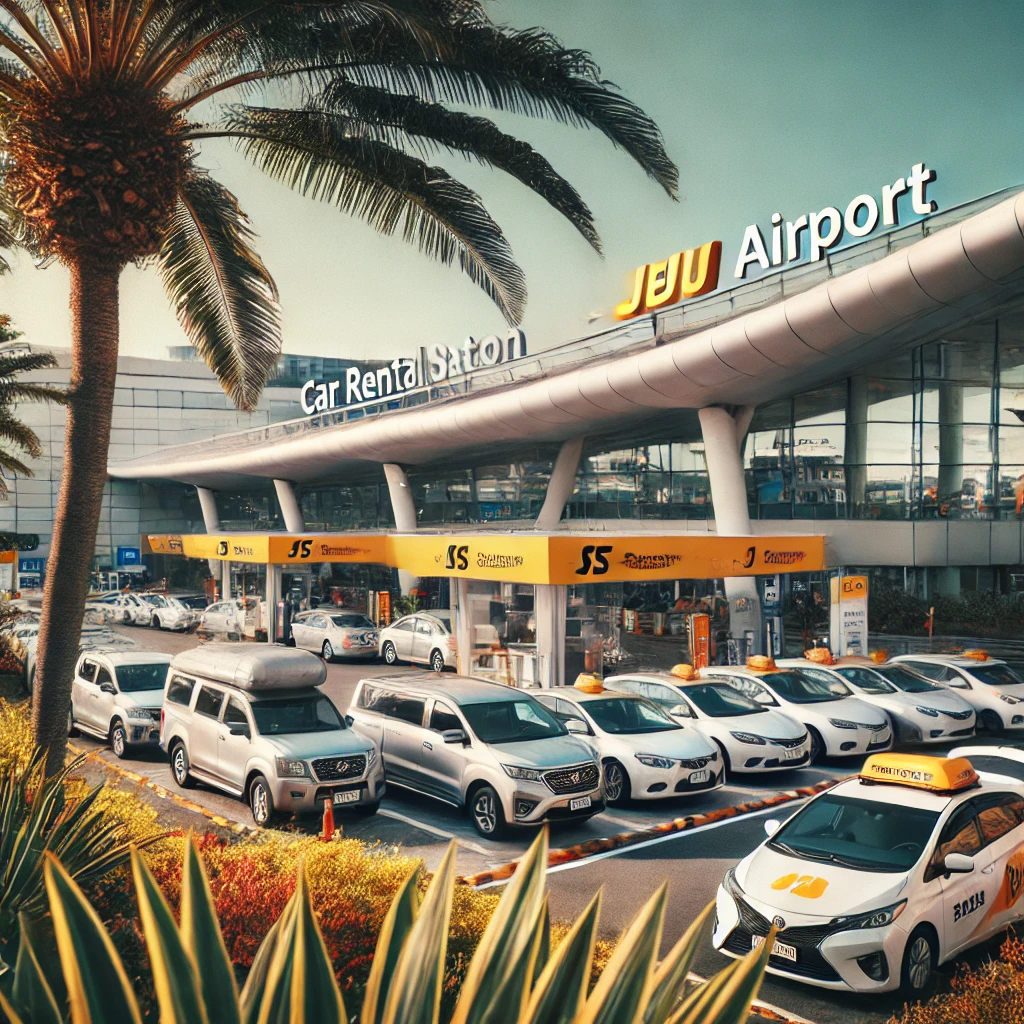 제주공항 근처의 렌트카 대여소, 다양한 차량과 열대 식물로 둘러싸인 밝은 날씨.