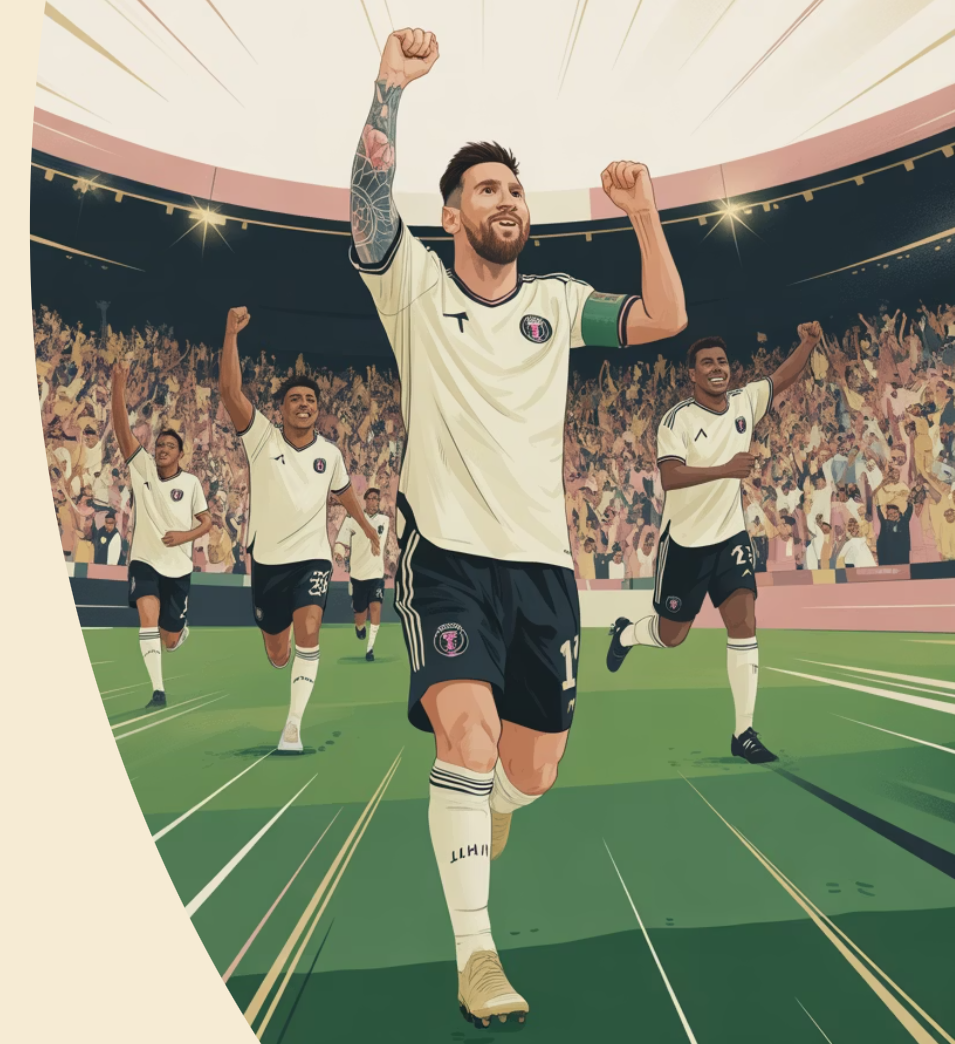 리오넬 메시가 골을 넣고 기뻐하는 모습 만화체