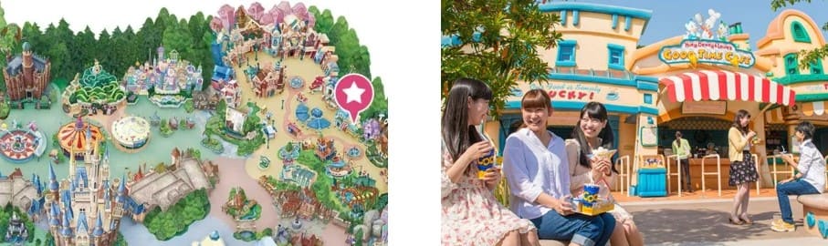 지도에 별표로 위치가 나와있는 그림과 식당앞의 벤치에 사람들이 앉아 있는 사진