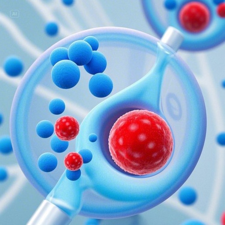 혈관 내부를 보여주는 의학적 일러스트레이션에서 큰 LDL 입자와 작은 LDL 입자가 대비되어 표현된 모습. 큰 입자는 푸른색으로 무해하게, 작은 입자는 붉은색으로 염증을 일으키는 모습으로 시각화. 배경은 깨끗하고 전문적인 의료 인포그래픽 스타일.