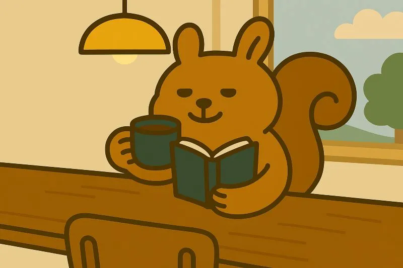 "아늑한 조명 아래 커피 마시며 책을 읽는 다람쥐 캐릭터, 1만원으로 소확행을 즐기는 모습을 상징"