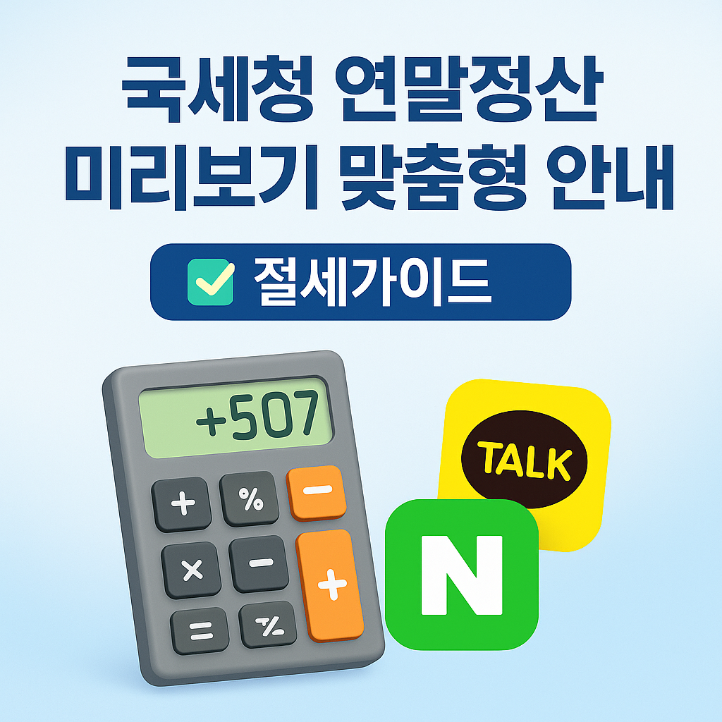 국세청 연말정산 미리보기 및 맞춤형 안내 문구와 계산기, 카카오톡·네이버 아이콘이 포함된 절세 안내 썸네일 이미지