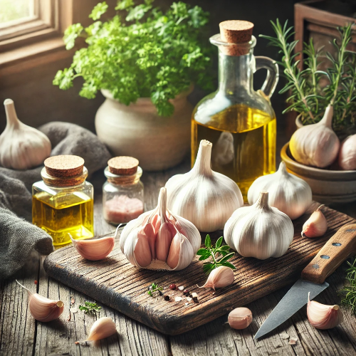 나무 도마 위에 놓인 신선한 마늘과 마늘 조각들, 옆에 허브와 올리브 오일 병이 배치된 주방 풍경. 햇살이 비추는 창가에 마늘이 주된 재료로 강조된 건강한 요리 준비 장면