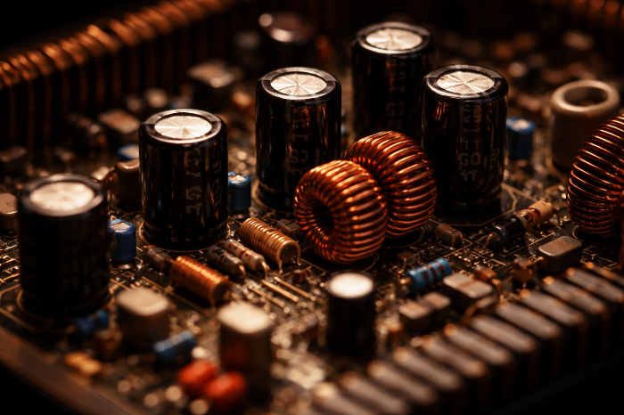 아날로그 이퀄라이저 내부의 필터 구성을 담당하는 전자 회로 부품 근접 사진