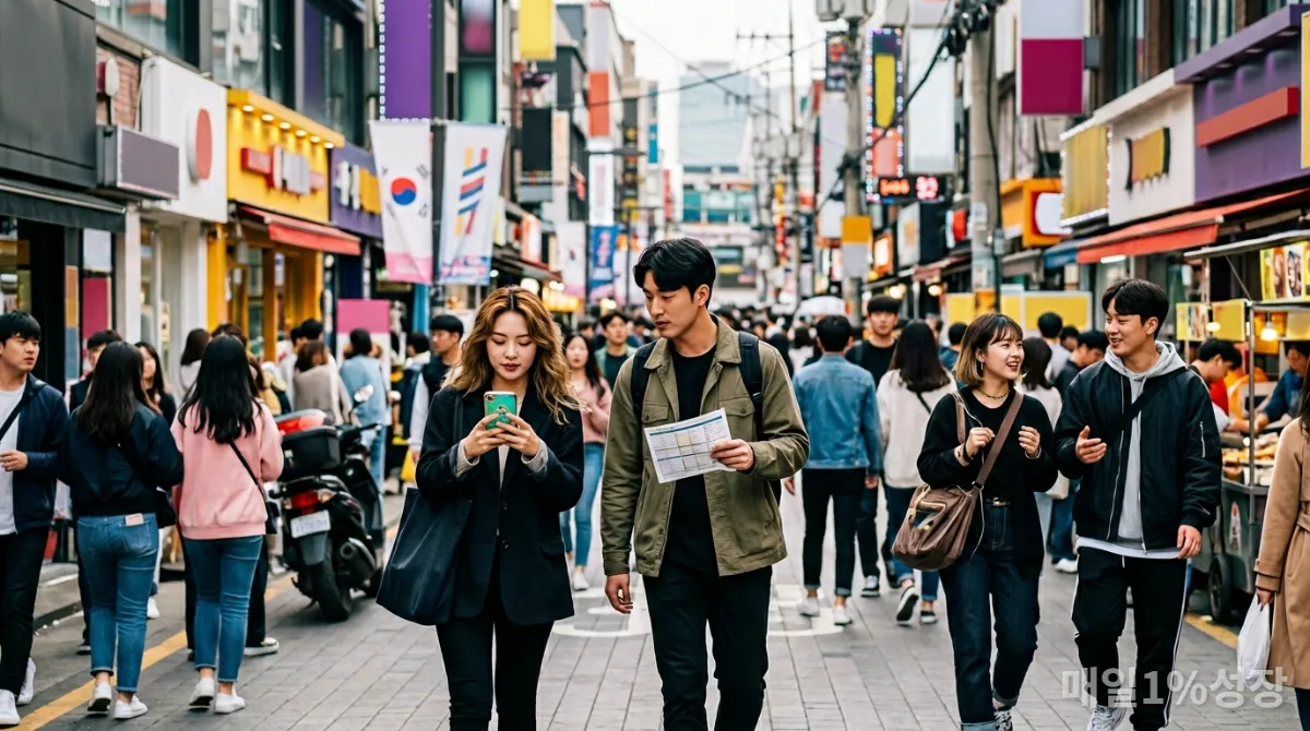 바쁜 한국 도시에서 계획적으로 움직이는 젊은 사람들