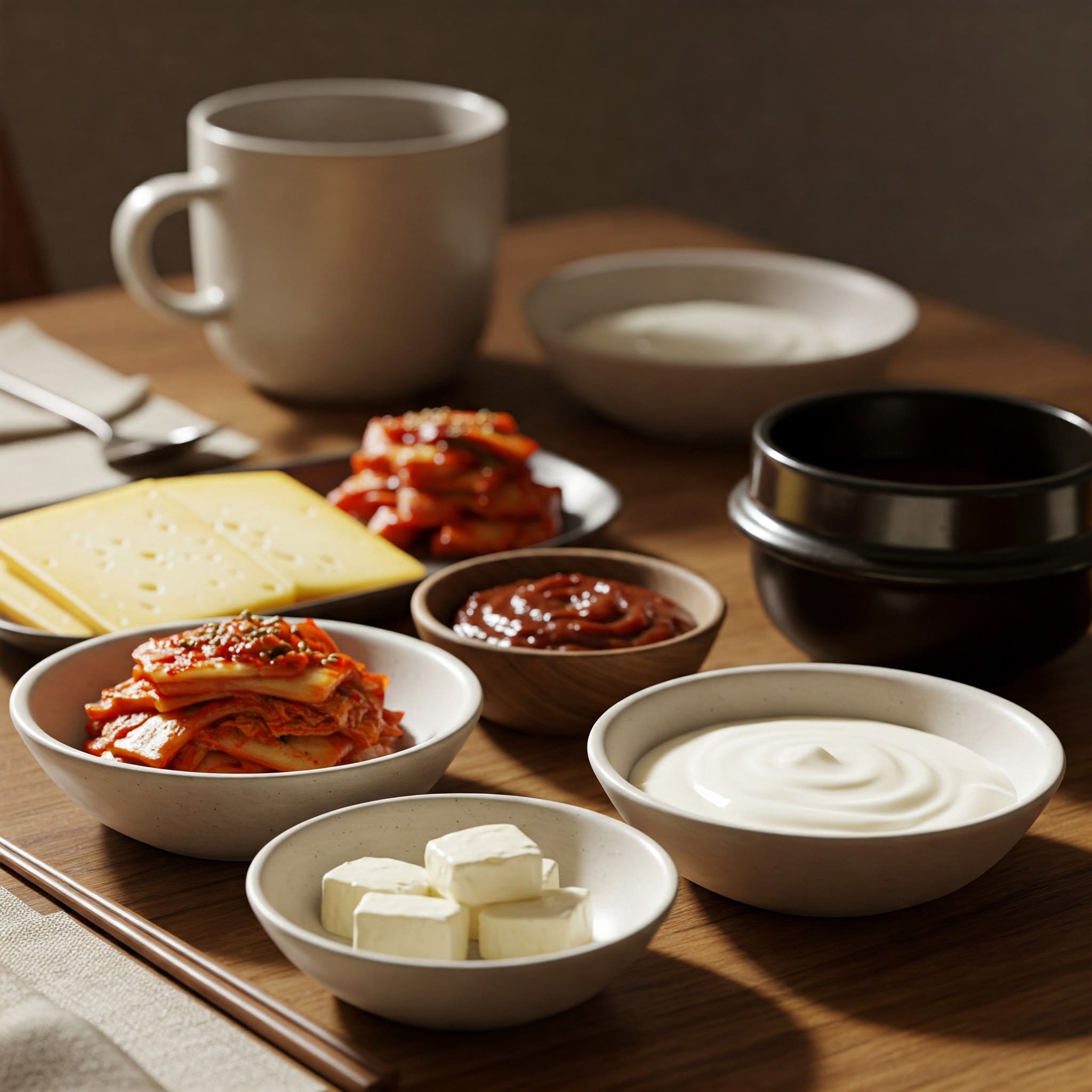 김치, 된장, 요구르트, 치즈 등이 풍성하게 차려진 건강한 식탁