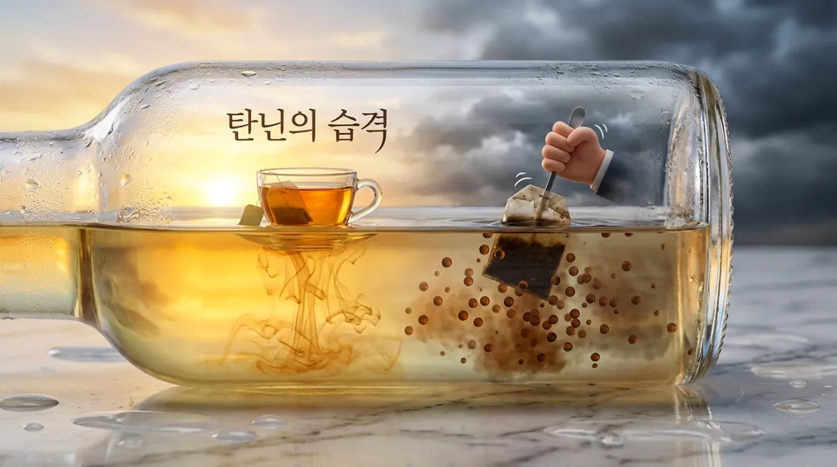 맑은 황금빛 차와 흔들어서 탁하게 탁해진 차의 대비를 보여주는 유리 보틀 속 미니어처 다이어그램