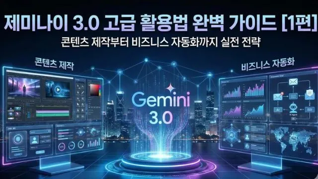 제미나이 3.0 고급 활용법 완벽 가이드 대표 이미지. 중앙에 Gemini 3.0 로고 홀로그램이 빛나고 있으며, 좌측에는 콘텐츠 제작 대시보드(차트, 그래프, UI 패널), 우측에는 비즈니스 자동화 분석 패널(데이터 시각화, 통계)이 표시된 미래형 AI 인터페이스. 다크 네이비 배경에 네온 블루 홀로그램 효과로 전문적이고 하이테크한 분위기를 연출하며, 콘텐츠 제작부터 비즈니스 자동화까지 제미나이 3.0의 고급 활용 전략을 시각적으로 전달함 (Gemini 3.0 advanced guide, AI dashboard interface, content creation and business automation)