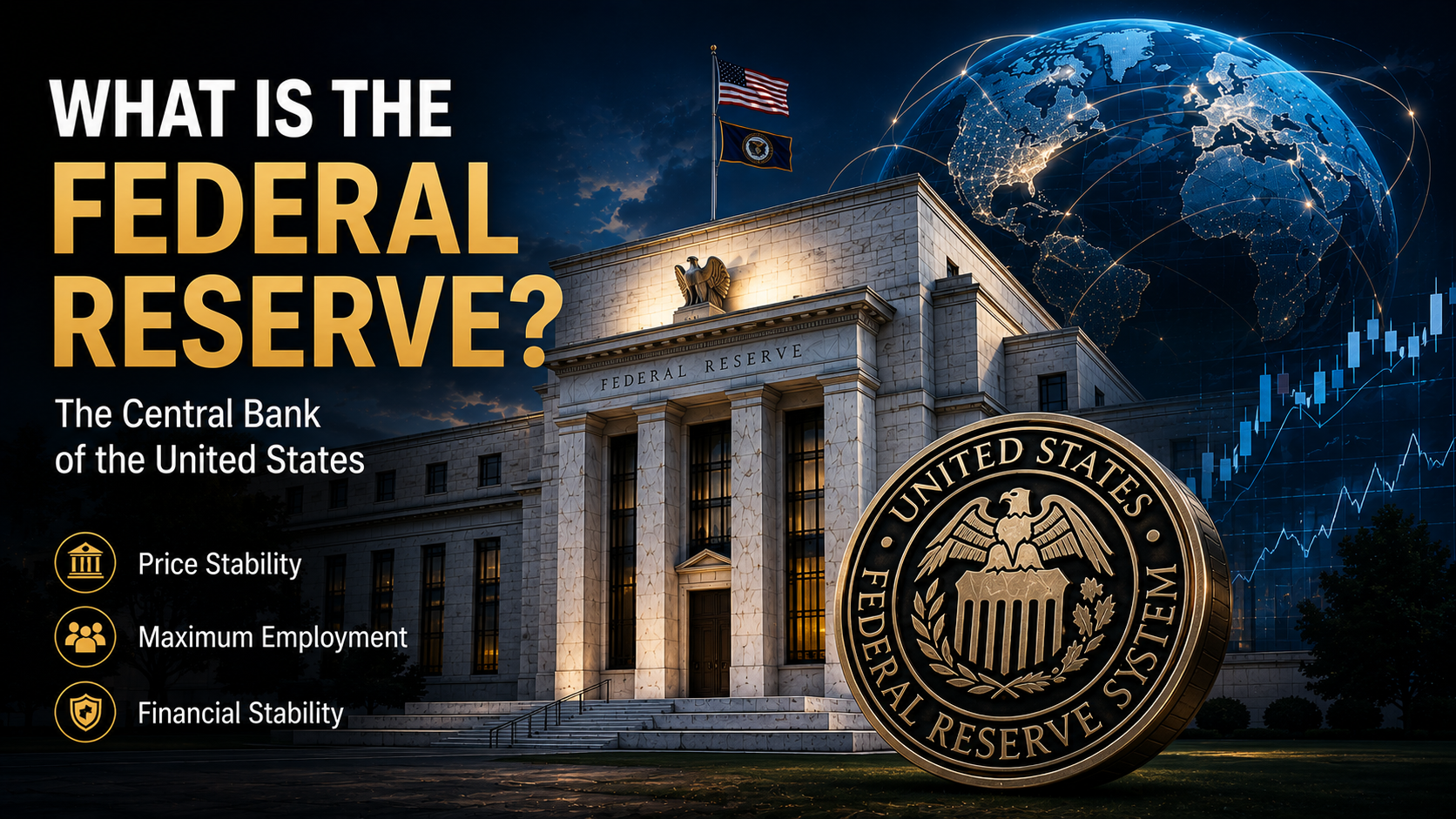 Federal Reserve headquarters with the Fed seal, global financial network, and market data visualization representing the role of the U.S. central bank in the economy.
