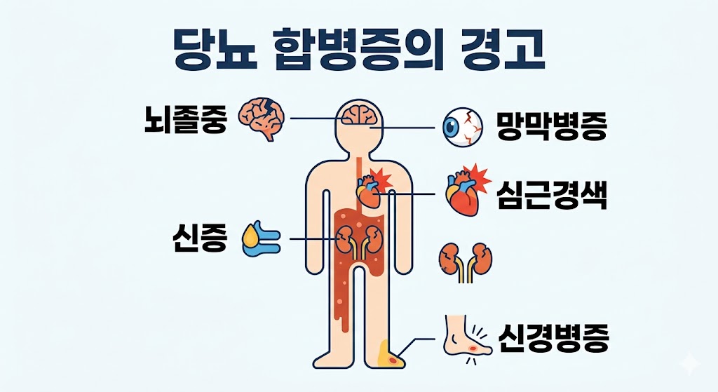 당뇨 합병증의 위험성을 경고하는 인체 지도 이미지입니다. 뇌졸중, 망막병증, 심근경색, 신증, 신경병증 등 전신에 걸쳐 발생하는 주요 질환들을 단순한 아이콘과 텍스트로 배치하여, 고혈당이 신체 장기에 미치는 치명적인 영향을 한눈에 알기 쉽게 표현했습니다.