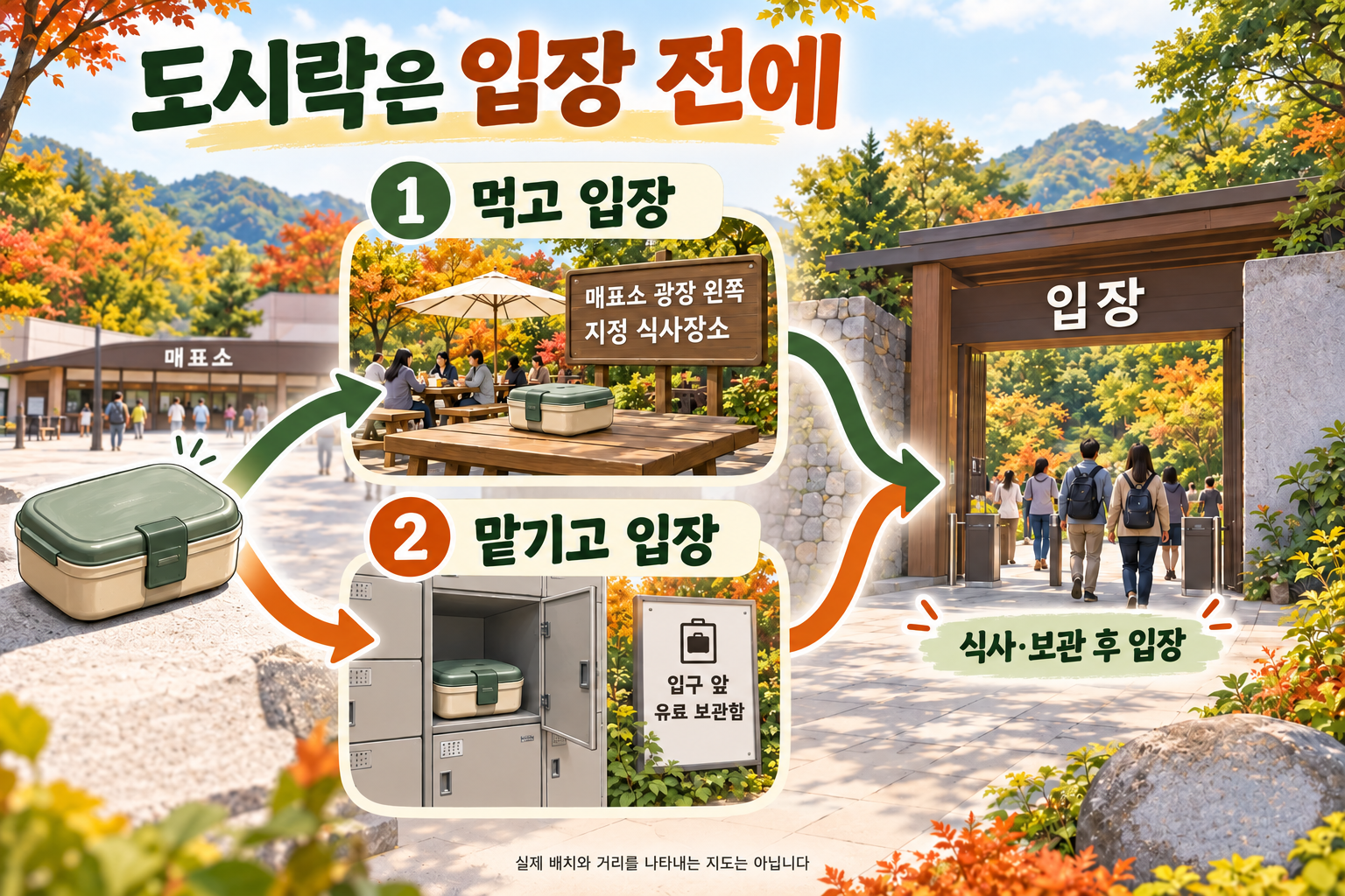 도시락을 지정 식사장소에서 먹거나 입구 앞 유료 보관함에 맡긴 뒤 입장하는 두 경로