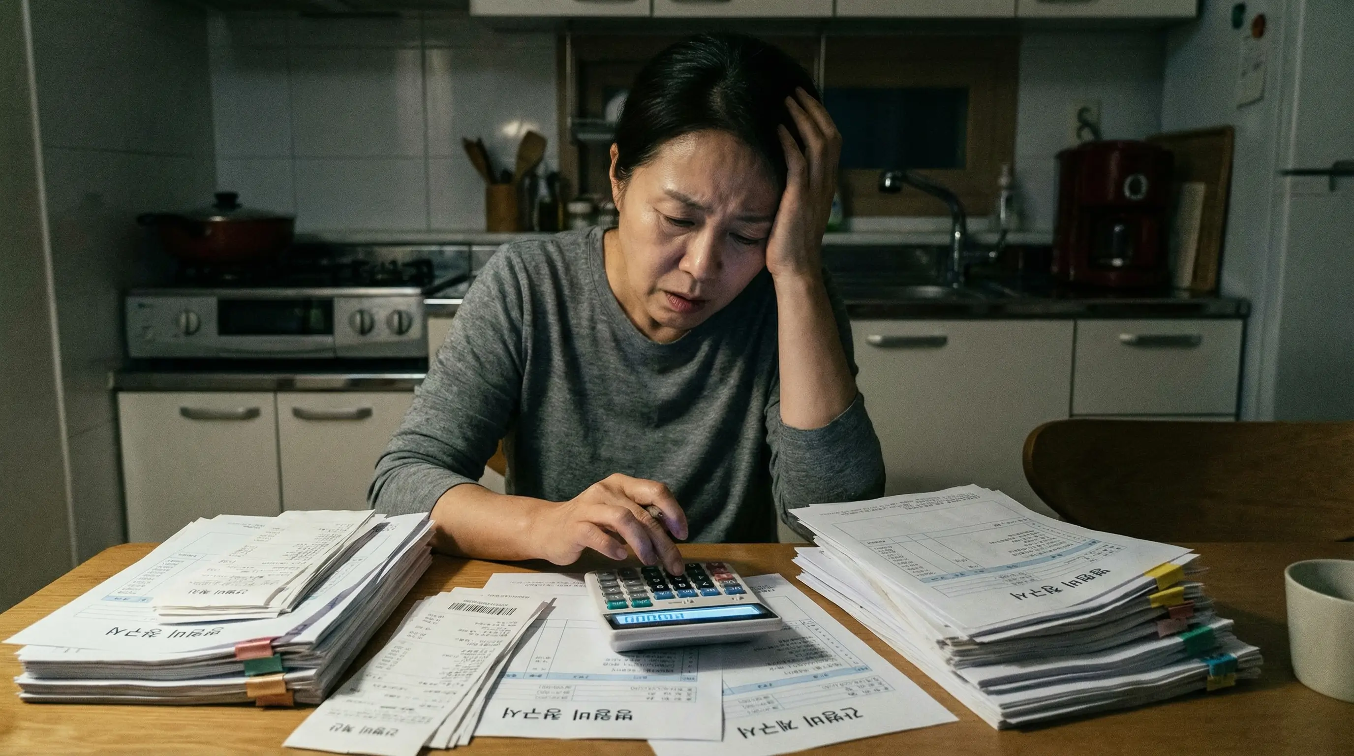 병원비 청구서와 간병비 계산기를 두드리며 한숨 쉬는 보호자의 걱정스러운 모습