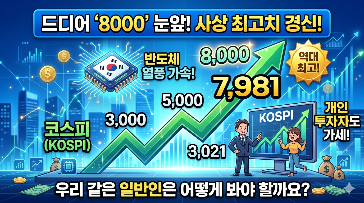 코스피 7,981… 드디어 8000이 눈앞에 왔어요!
사상 최고치 또 경신! 반도체 열풍에 개인 투자자까지 가세 — 우리 같은 일반인은 어떻게 봐야 할까요?