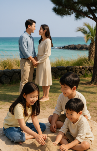 모래놀이 하는 아이들과 서로를 바라보며 행복한 모습의 부모