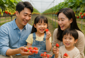 딸기농장에서 딸기 따기 체험 후 시식하는 모습