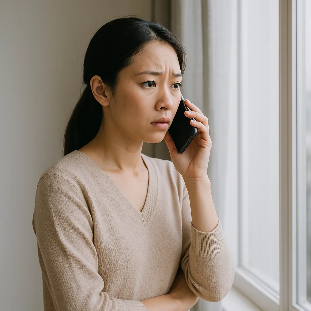 창가에서 전화를 하며 불안한 표정을 짓는 여성
