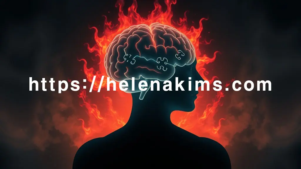 인간 뇌 실루엣 주변에 탁하고 붉은 염증 불씨들이 있고, 뇌 일부가 흐릿하거나 깨진 퍼즐 조각처럼 표현 된 이미지.