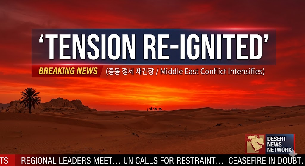 붉은색 노을이 지는 중동의 사막 지평선 위로 'Tension Re-ignited' 문구가 적힌 뉴스 그래픽