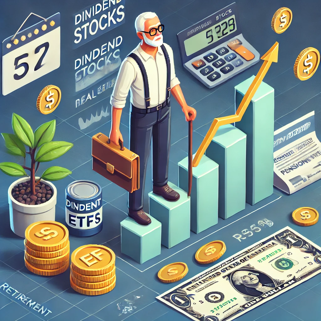 40대의 재테크 전략을 상징하는 배당주, ETF, 부동산, 연금 등의 요소가 포함된 이미지
