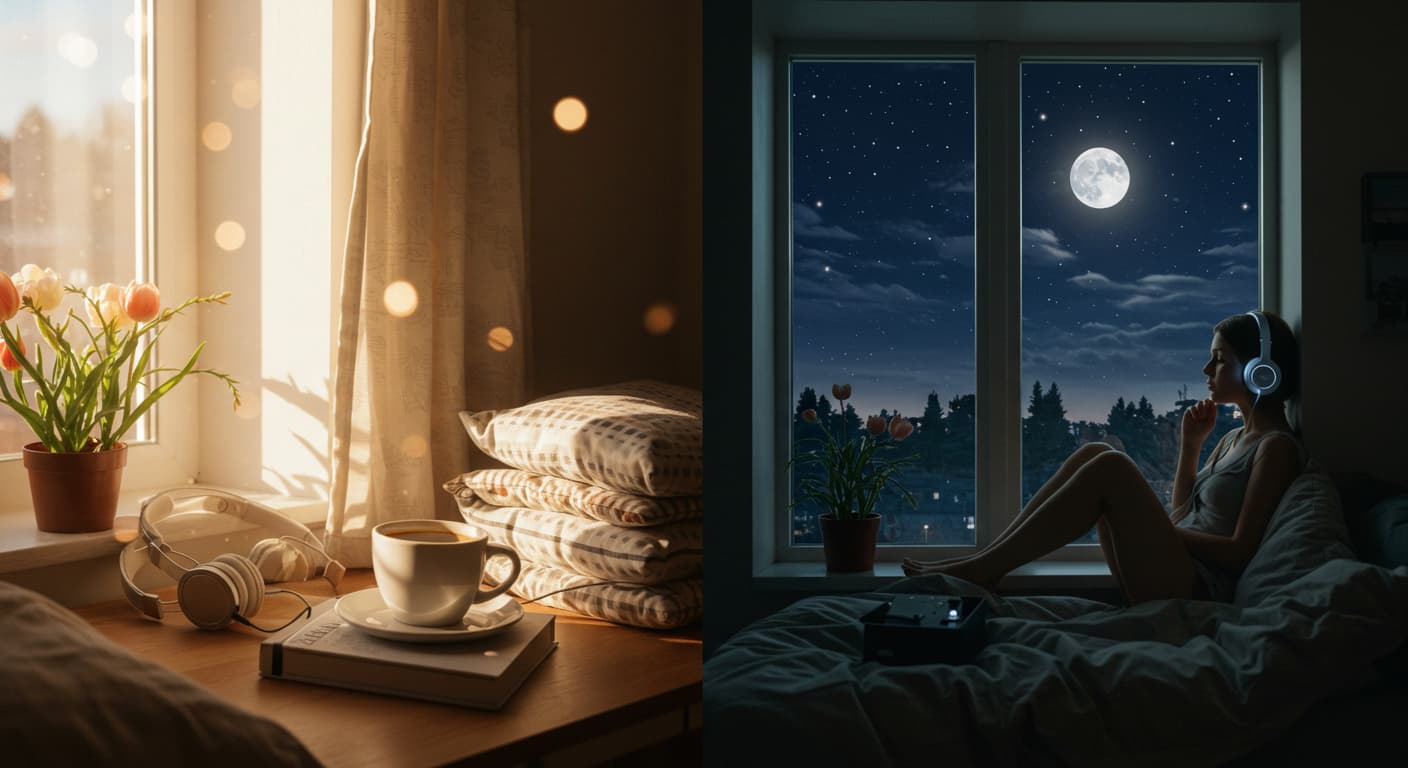A person enjoying a peaceful morning with coffee and music, and another scene of someone relaxing at night, listening to calming melodies under the moonlight.
