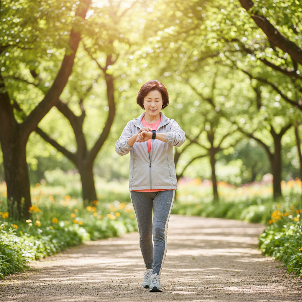 단정한 차림의 50대 한국 여성이 산책로에서 스마트워치를 확인하며 활기차게 걷는 모습