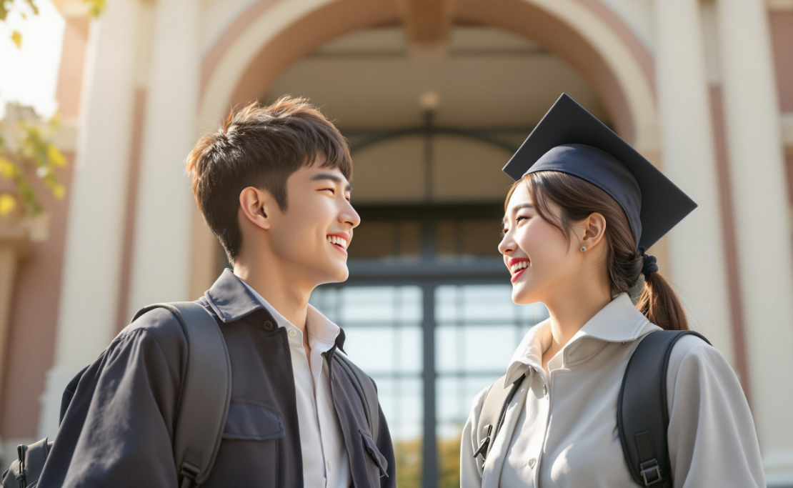 장학금을 받고 좋아하는 남학생과 여학생 모습