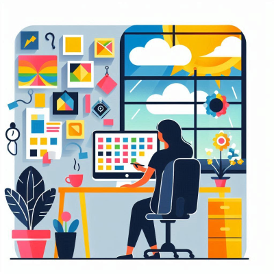 창이 큰 사무실에서 컴퓨터를 사용하는 사람, 벽에는 다양한 노트와 색상이 배치됨.