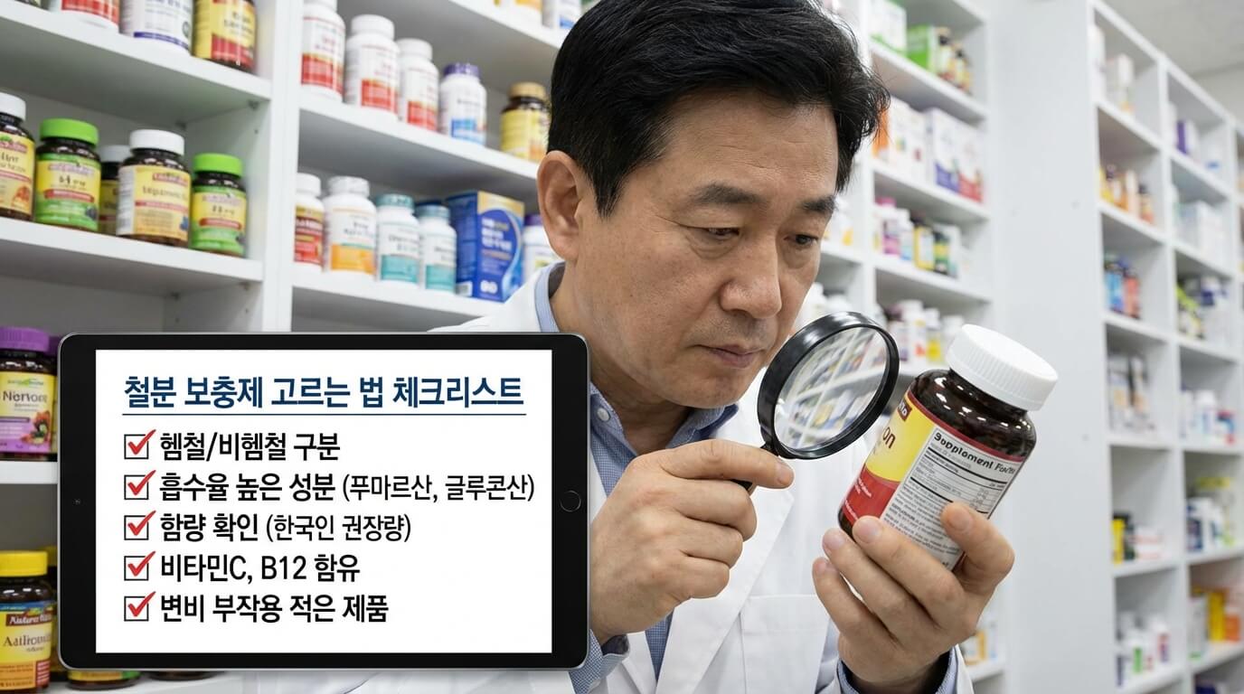 철분 보충제 고르는 법 체크리스트, 한국인 남성이 철분 보충제 라벨을 확인하는 모습