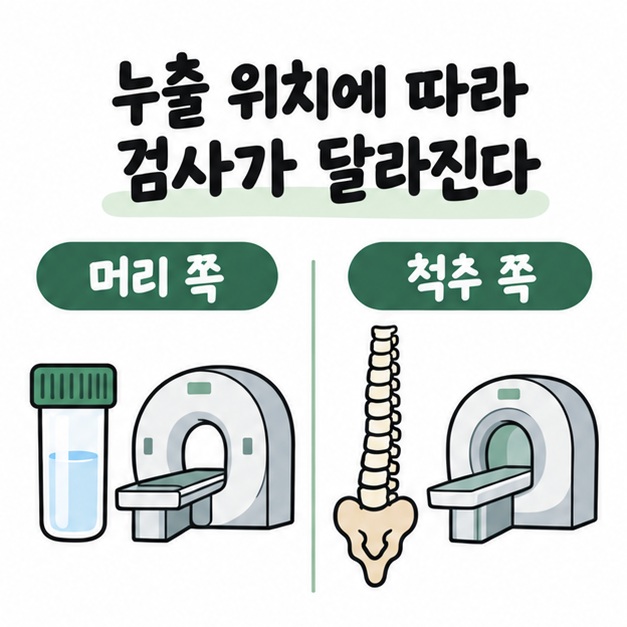 머리 쪽과 척추 쪽으로 나뉜 그림으로 누출 위치에 따라 검사가 달라짐을 설명하는 카드