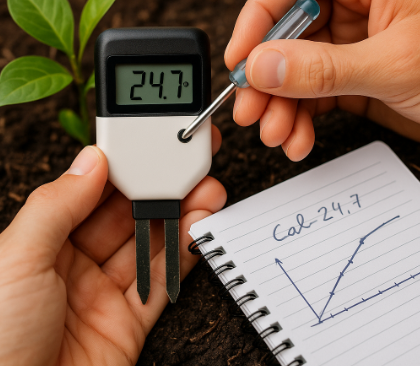 토양 속 수분 센서를 드라이버로 미세 조정하는 모습과 옆에 놓인 측정 기록 노트