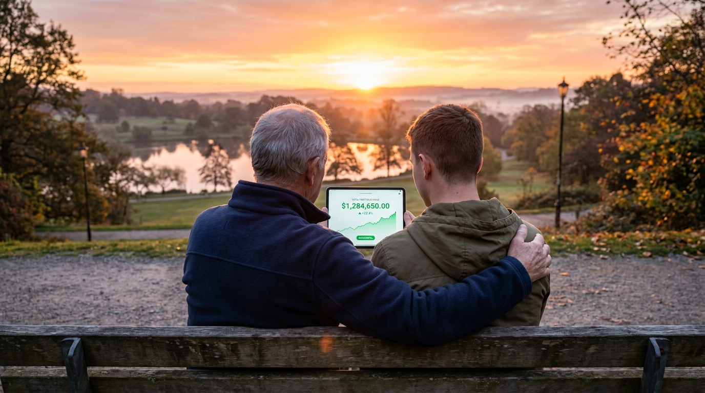 성인이 된 자녀와 부모가 나란히 앉아 부쩍 자란 계좌와 밝은 미래를 보며 환하게 웃고 있는 따뜻한 뒷모습