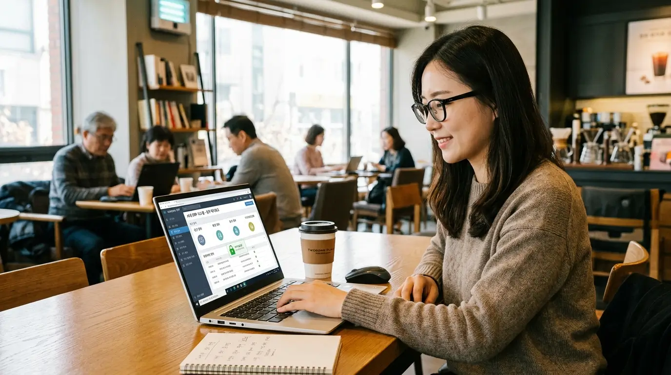 안정적인 네이티브 VPN 연결을 바탕으로 카페에서 원활하게 사내망 ERP 업무를 처리하는 직장인의 쾌적한 화면