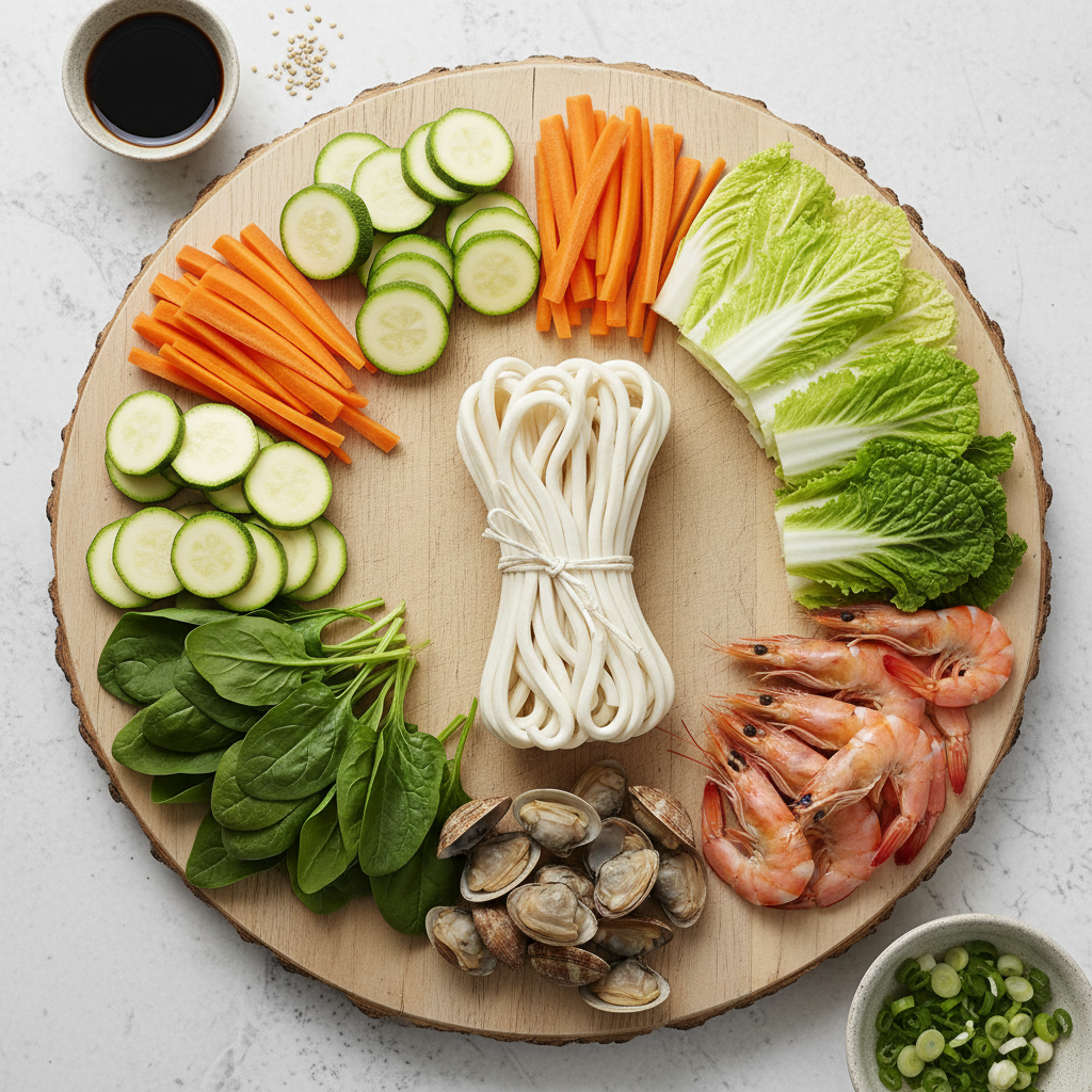 신선한 옛날 우동 재료 준비물 (알배추, 애호박, 당근, 바지락, 새우, 시금치, 우동면)