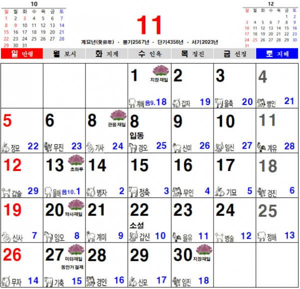 2023년 11월 음력 달력, 불교 달력, 일진 달력