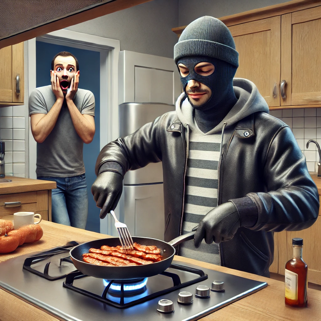 도둑이 주방에서 요리를 하면서 여유롭게 행동하는 장면. 뒤에는 주인이 경악하며 경찰에 신고하는 모습.