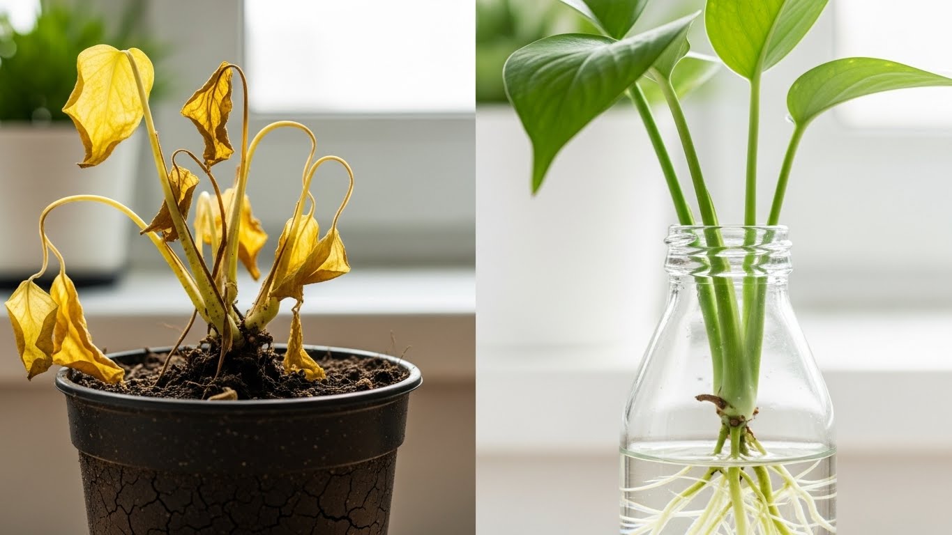 과습으로 시든 식물을 살리기 위해 뿌리를 정리하고 깨끗한 물이 담긴 유리병에서 수경재배로 새 뿌리를 유도하는 식물 심폐소생술 과정 비교 이미지