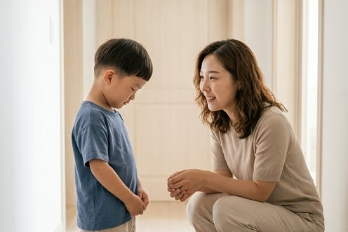 밝은 현관에서 엄마가 쪼그려 앉아 아들의 눈높이에서 귀 기울이는 모습