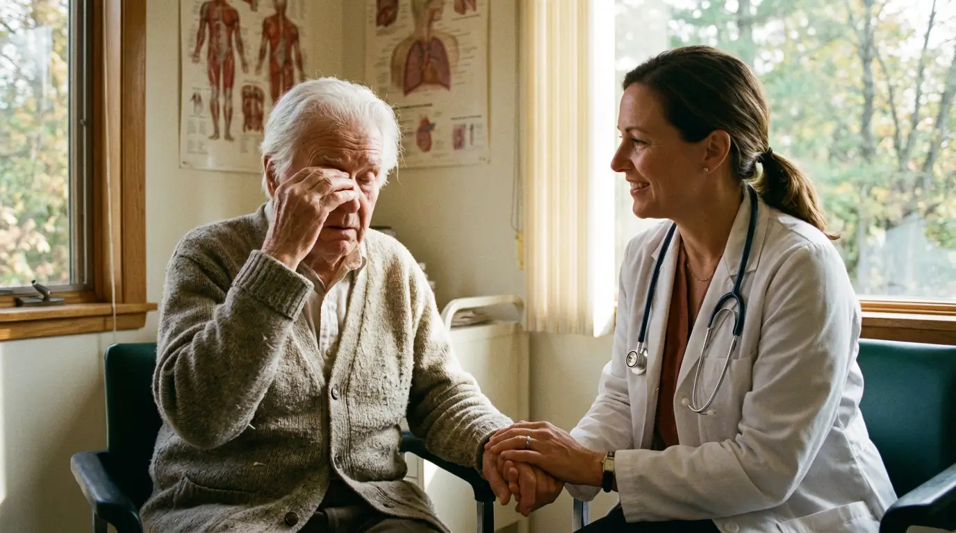 걱정스러운 표정으로 눈을 비비고 있는 어르신과 그 옆에서 상담해주는 의료진의 따뜻한 모습